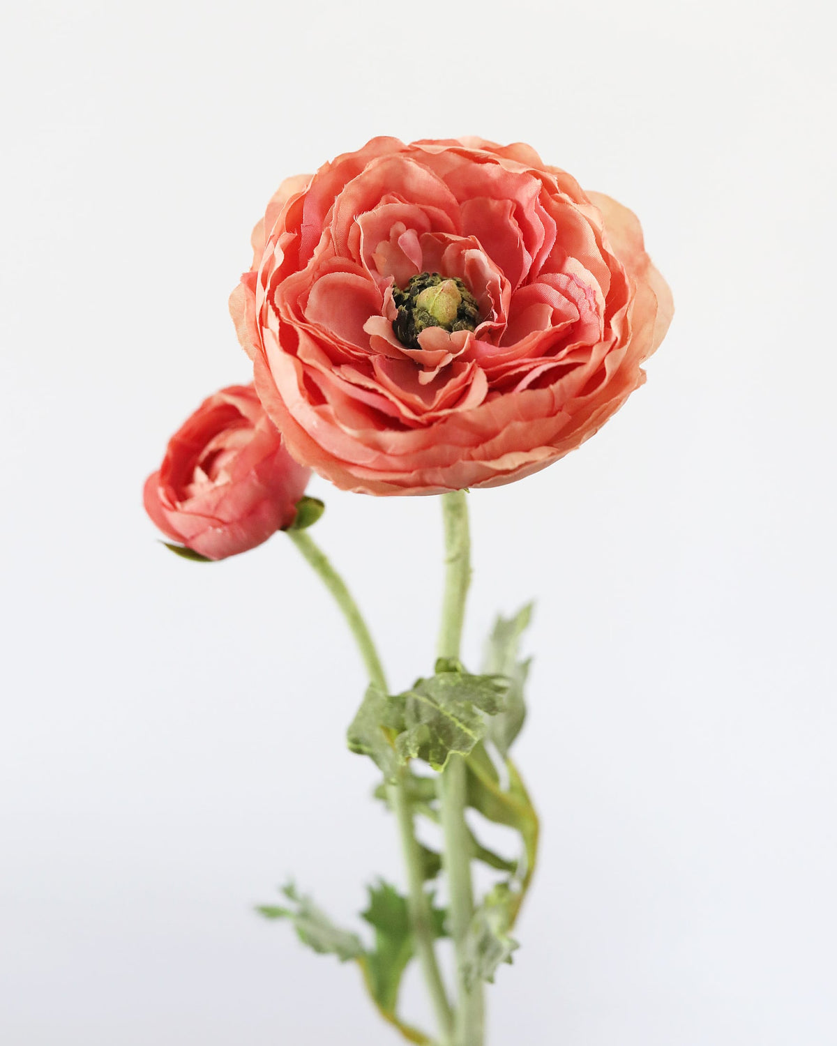 A single peach-pink faux ranunculus flower with layered petals, a second bud, and green stems on a clean white background.
