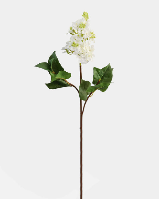 Artificial lilac stem with white flowers and green leaves on a white background