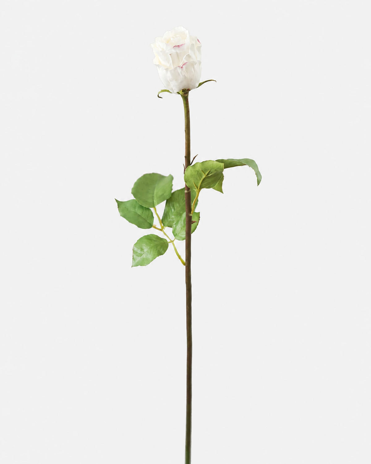 A single artificial white rose stem with green leaves, photographed against a plain light gray background.