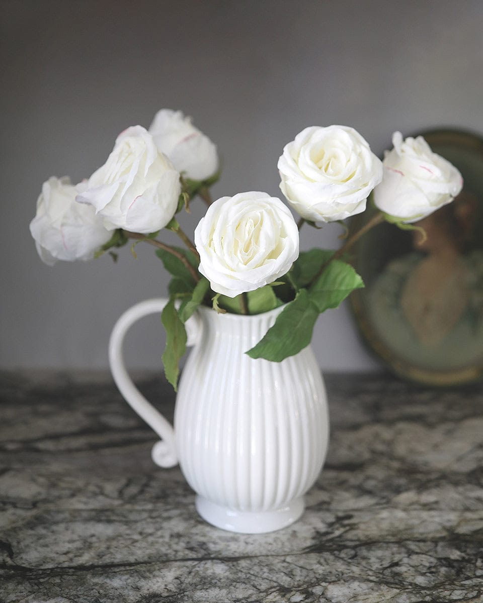 White Ecuadorian Open Roses in Ceramic Pitcher Vase