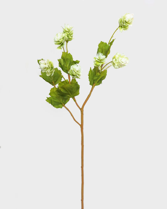An artificial flowering hops branch with white blossoms, green leaves, and a brown stem, photographed against a plain light gray background.