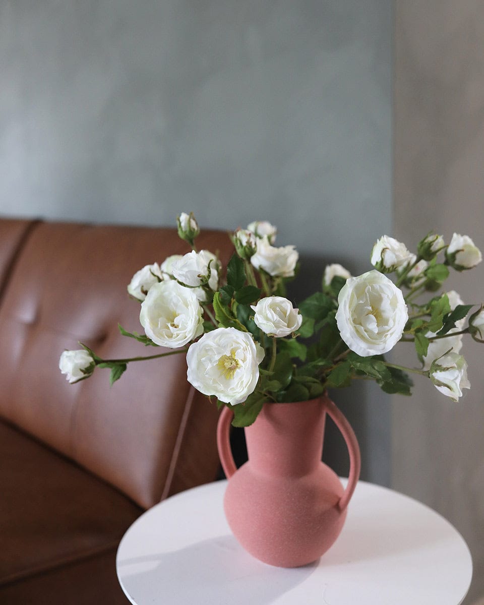 White Silk Roses Styled in a Pink Vase for Home