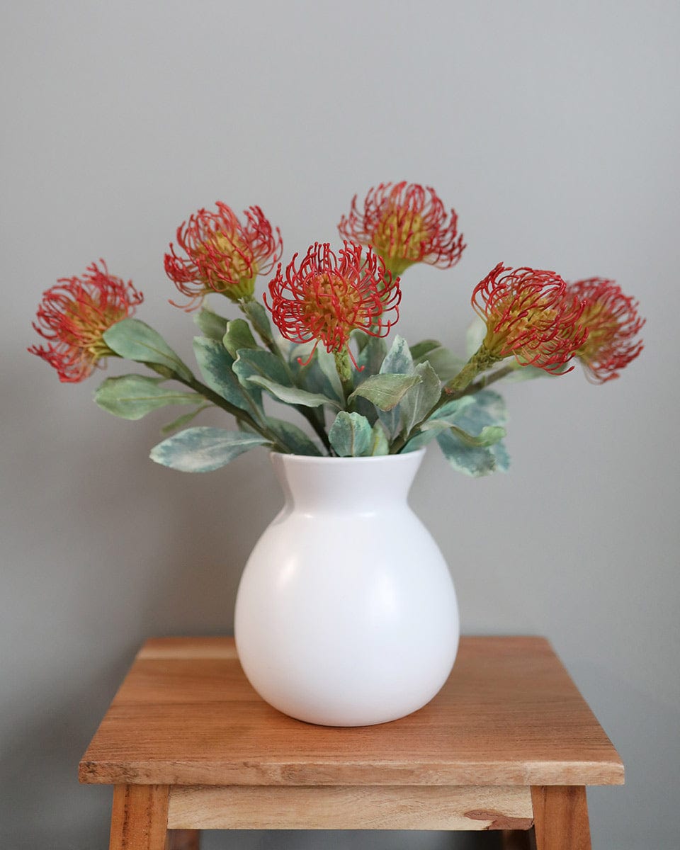 Fake Flowers Stems Red Proteas in White Vase