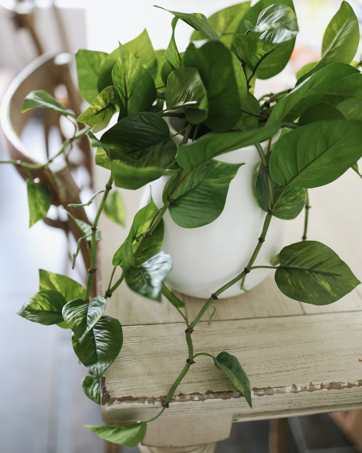 Hanging Faux Pothos Bush in a vase close up 