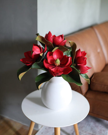 Fake Flowers Silk Red Magnolias in White Vase