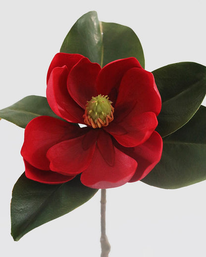 Red Faux Magnolia Blossom with Green Leaves