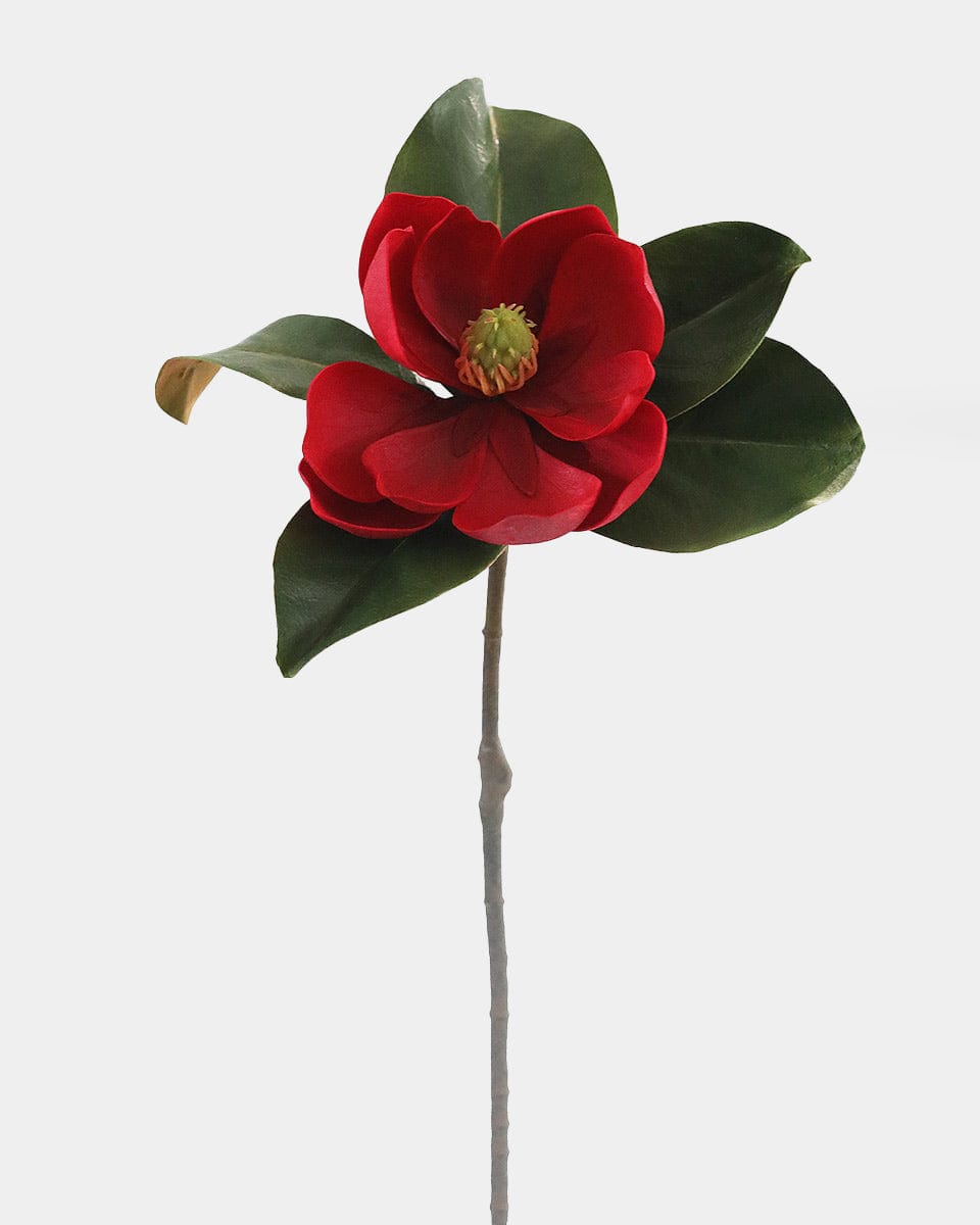 Crimson Red Artificial Magnolia Flower with Leaves