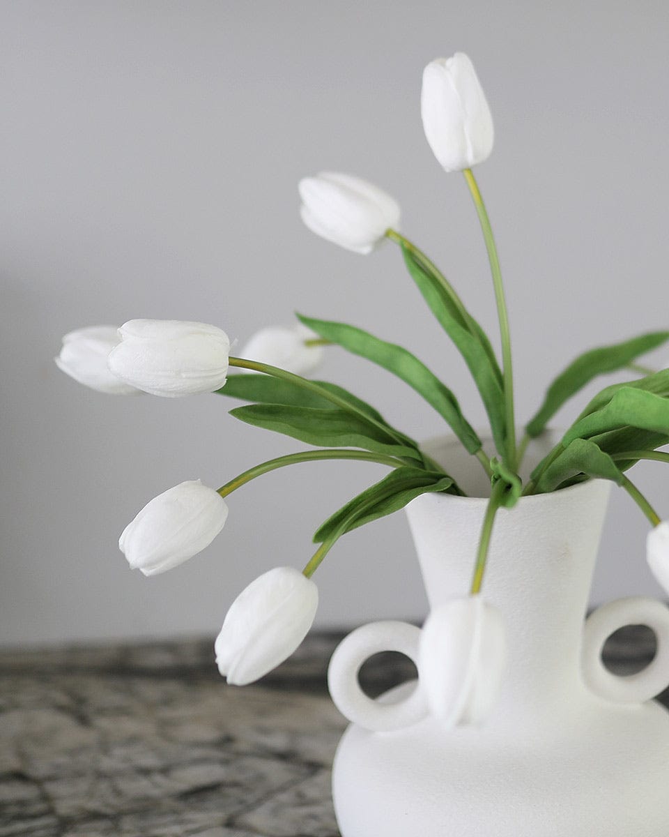 Close Up Photo of Artificial White Tulip Bundle in Vase