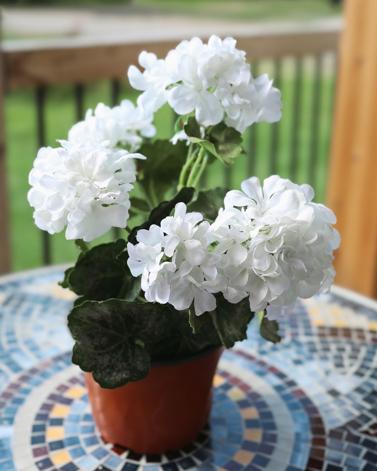 white artificial geranium bush in planter 