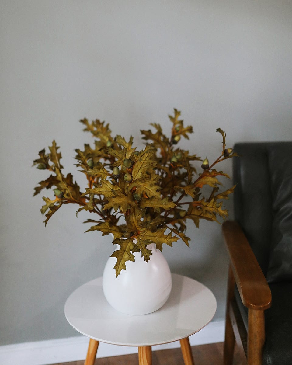 Olive Green Oak Fall Leaves in White Vase