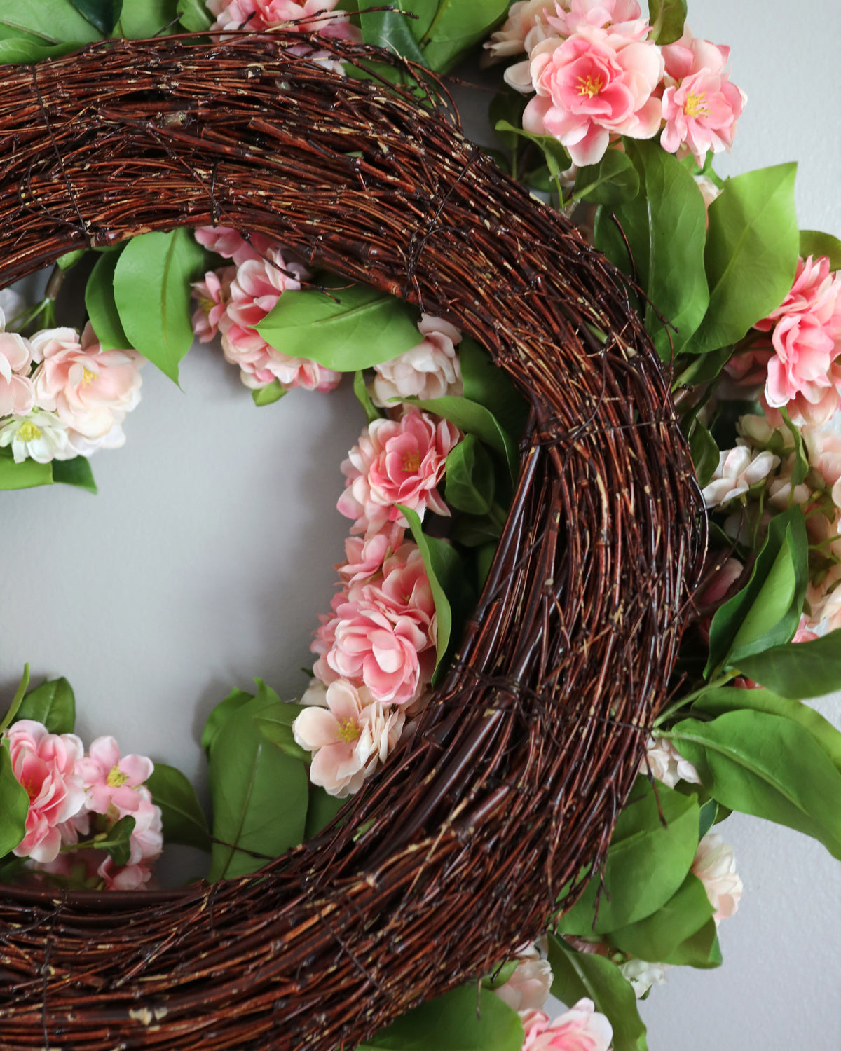 Faux Pink Cherry Blossom Wreath grapevine reverse