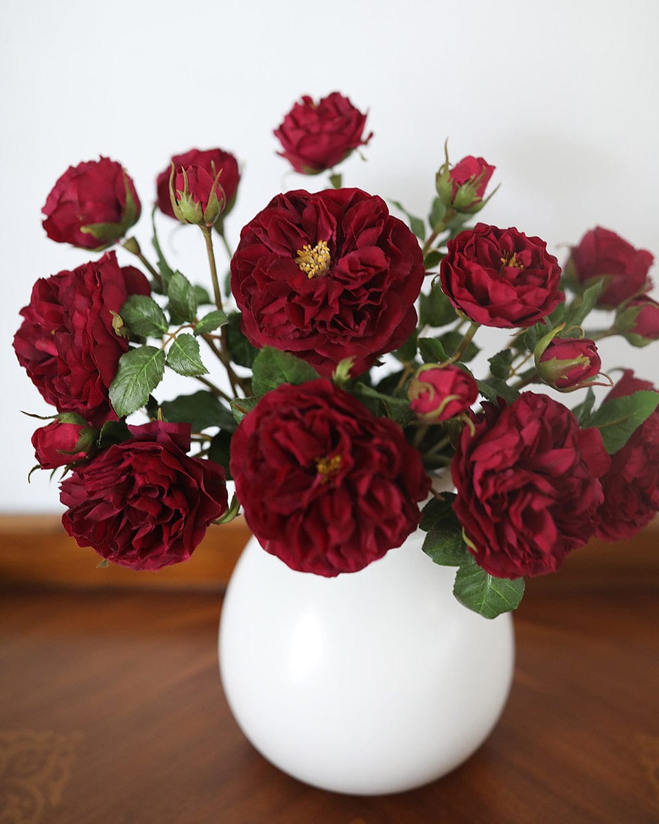 Red Silk Flowers Cabbage Roses in Vase