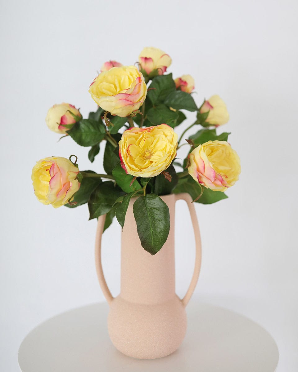 Real Touch Yellow Roses Styling for Home Decor in Pink Vase