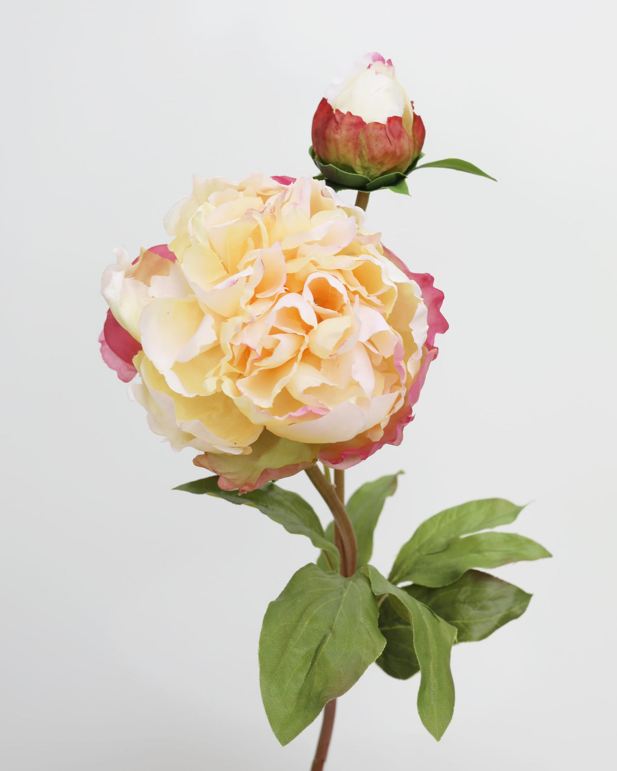 Artificial peony with a large peach-colored bloom and a smaller bud on a light gray background.