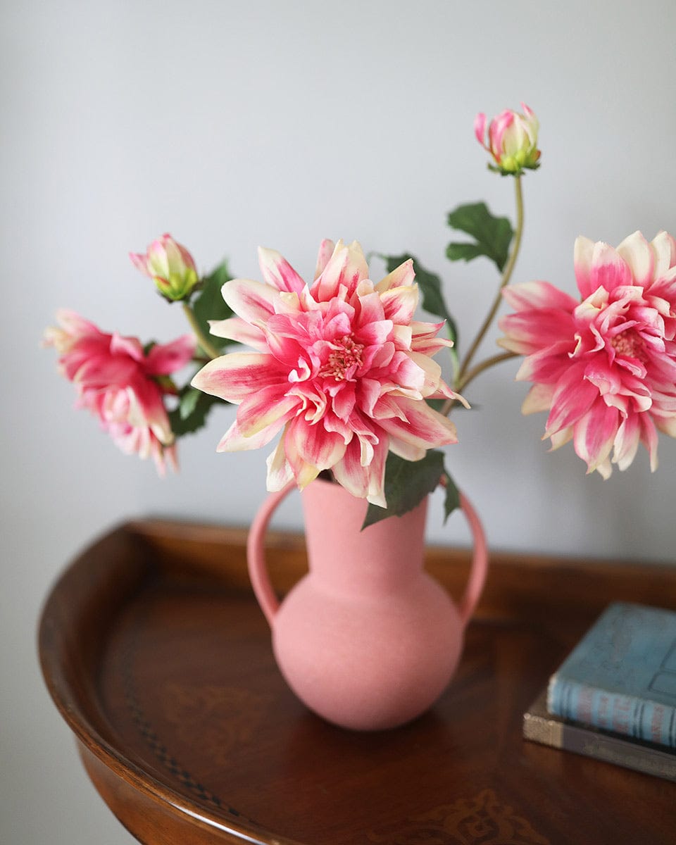 Coral Pink Faux Dahlia Flowers in Coral Ceramic Vase