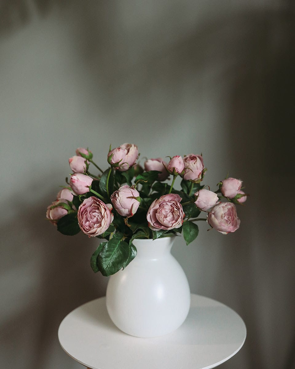 Real Touch Mauve Purple English Roses in White Ceramic Vase