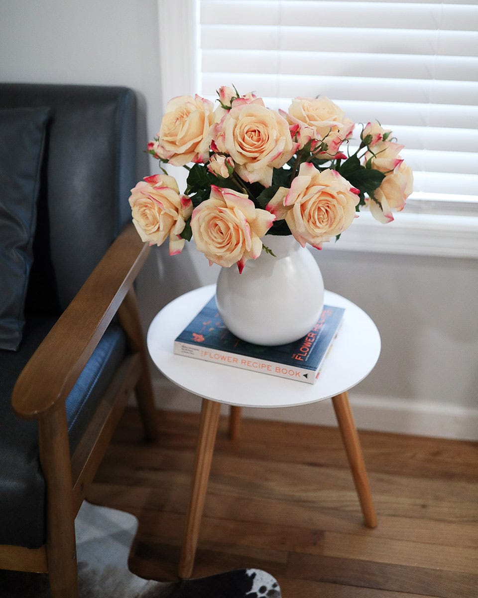 Peach Real Touch Roses in White Ceramic Vase
