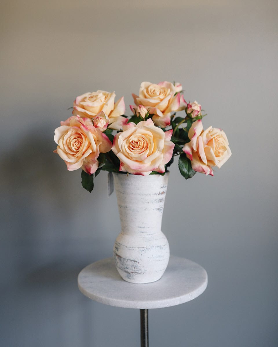 Real Touch Peach Roses in White Ceramic Vase