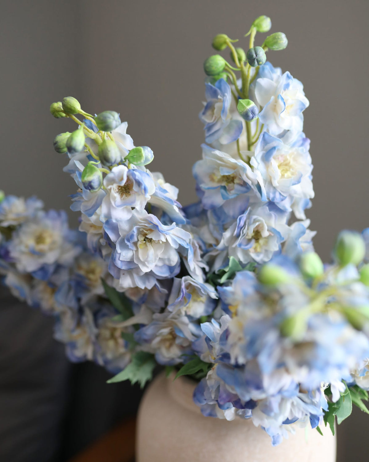 artificial real touch blue delphiniums close up  