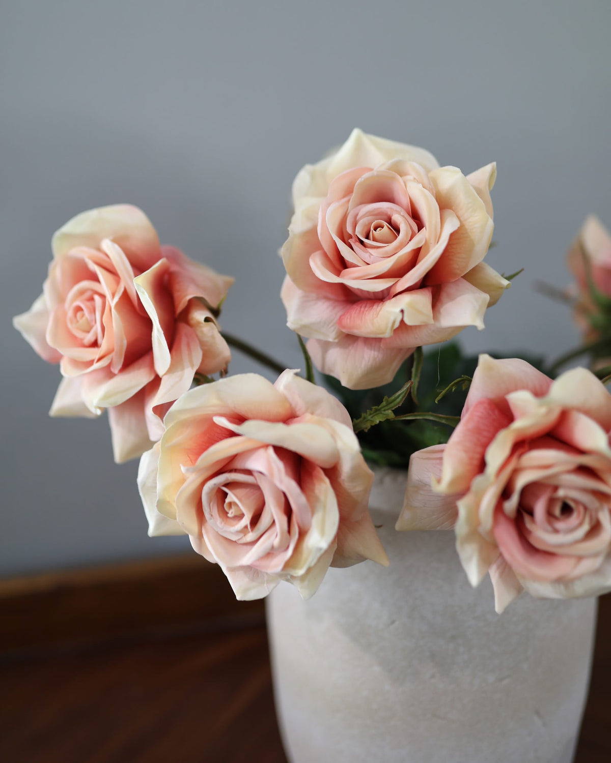 faux Peach Pink Real Touch Rose Stems in a vase
