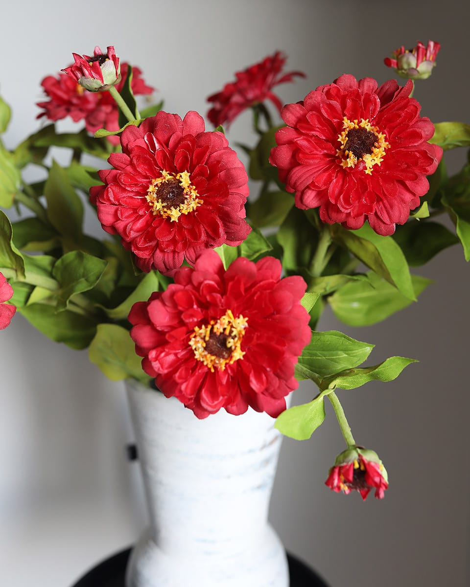 Artificial Red Zinnias Open Blooms