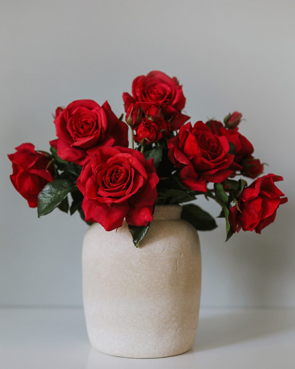 Red Real Touch Roses in Neutral Ceramic Vase