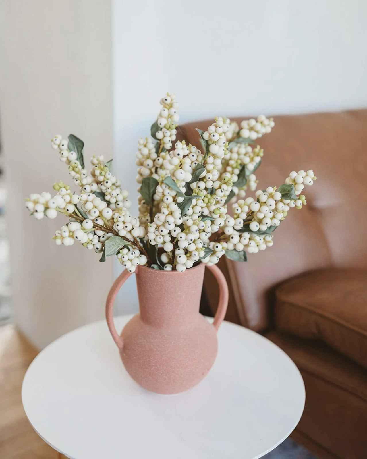 Artificial Berries White Snowberries Arranged in Pink Ceramic Vase