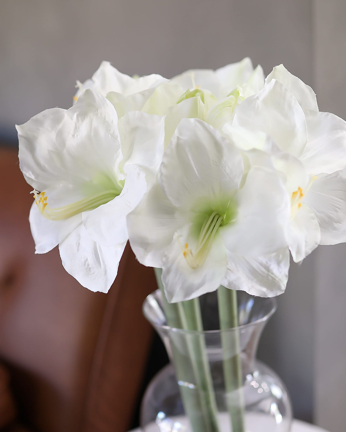 White Faux Amaryllis stems close up