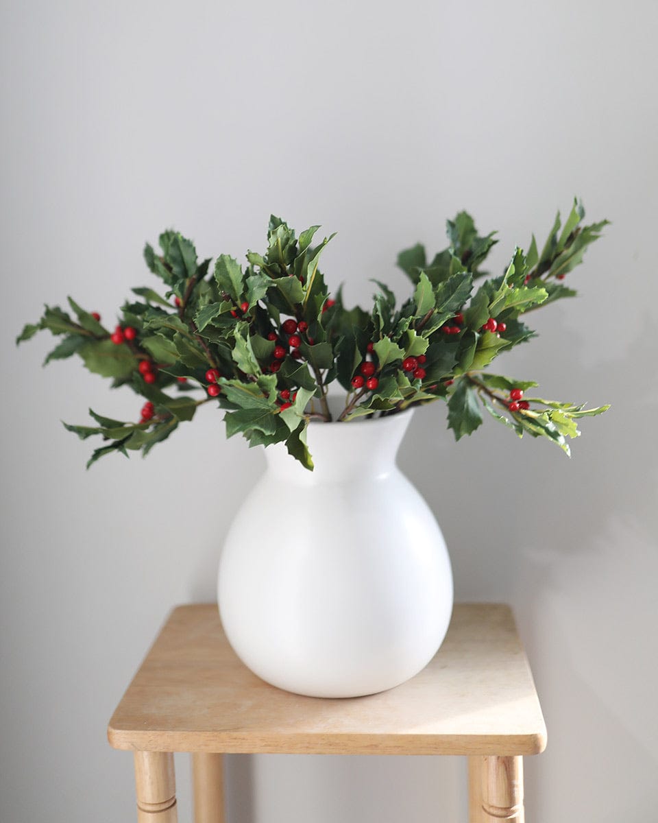 Green Holly Leaves with Red Berries Faux Holiday Flowers