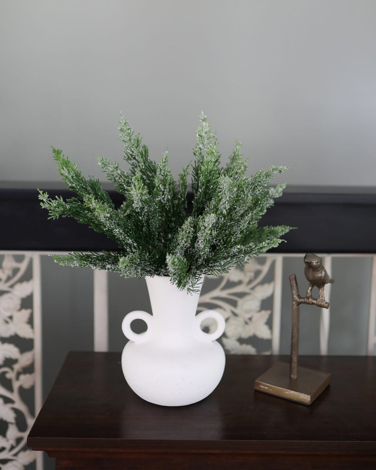 Snow Covered Fake Green Pine Stems