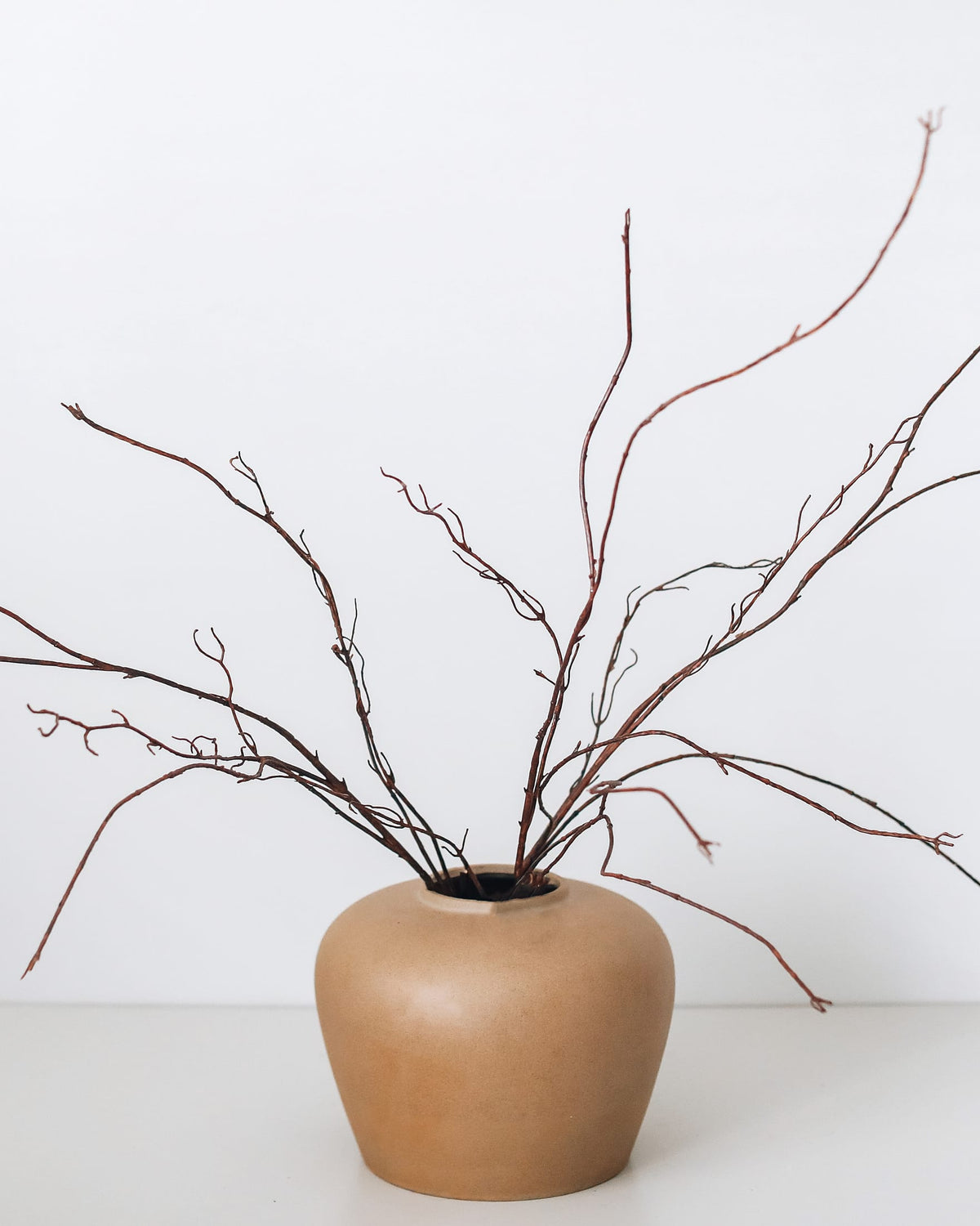 A matte tan ceramic vase holding a faux botanical arrangement of thin brown branches, set against a clean white background.