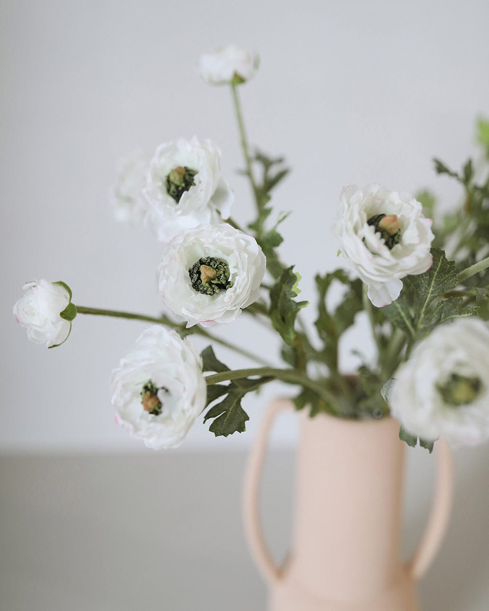 Close of Details of White Ranunculus Faux Flowers in Vase