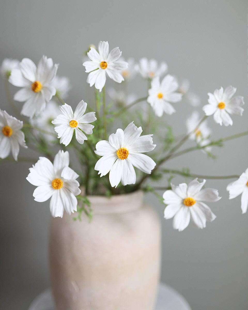 White Cosmos Fake Flowers in Ceramic Vase