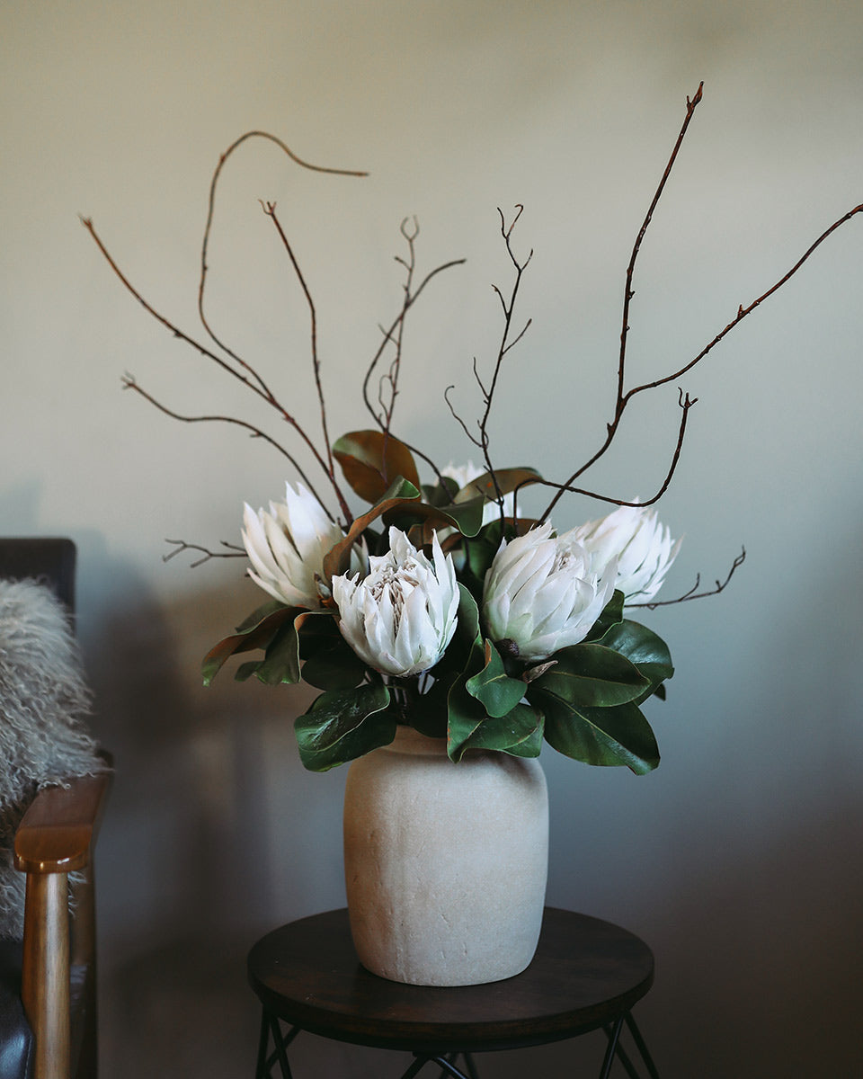 King Protea Artificial Blossoms with Twisted Willow and Faux Magnolia Leaves