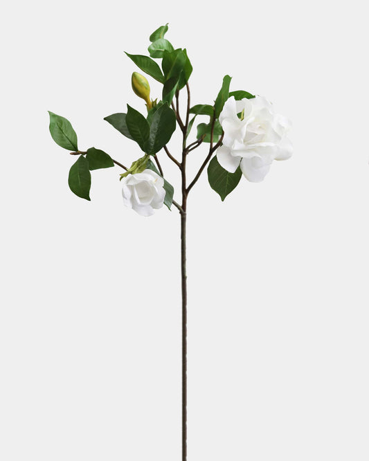Artificial gardenia stem with white flowers and green leaves on a light gray background