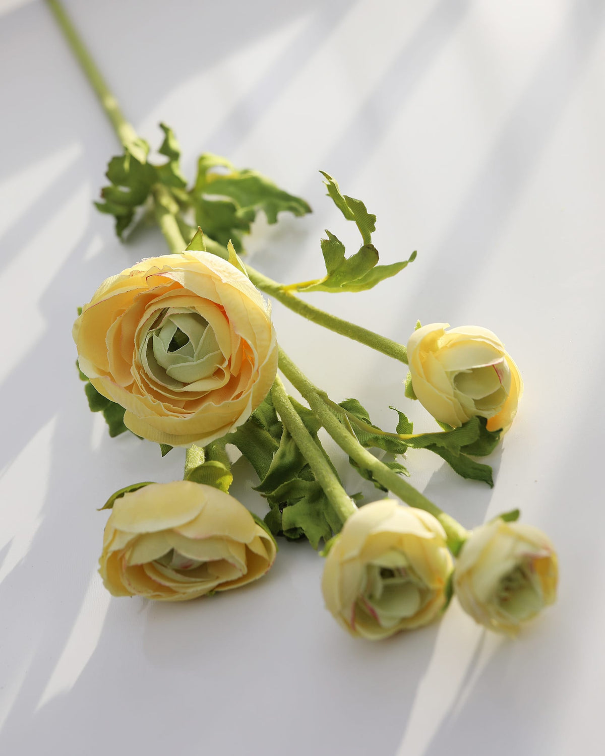 Bouquet of faux yellow ranunculus on a white background
