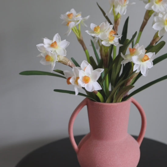 Silk Narcissus Flowers in Pink Ceramic Vase