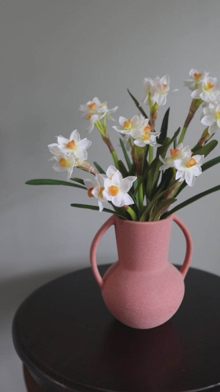 Silk Narcissus Flowers in Pink Ceramic Vase