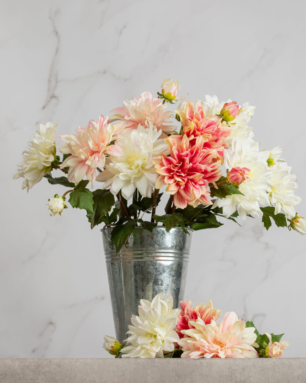 Prestige Botanicals Artificial White, Pink and Orange Dahlias in a tin vase