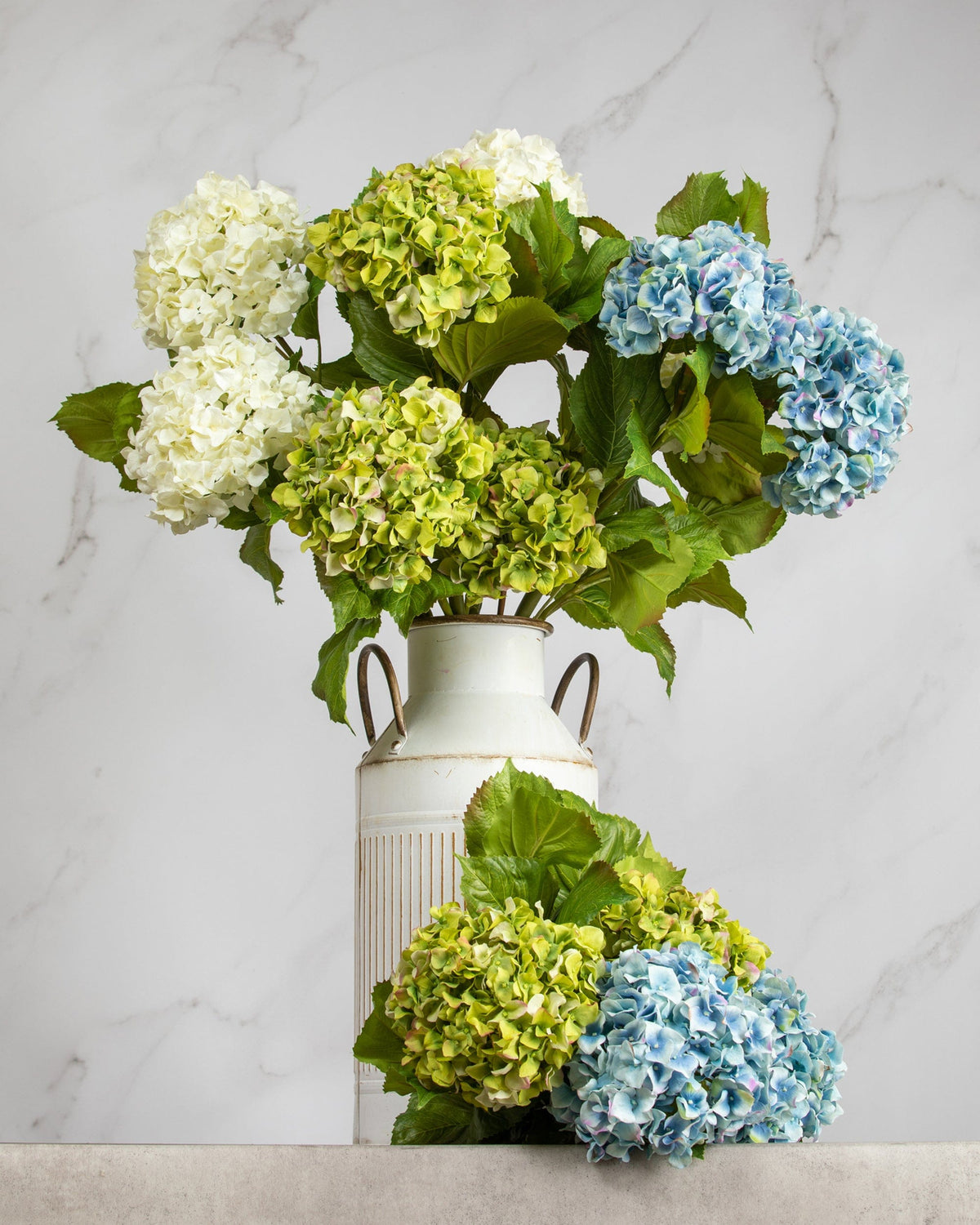 Prestige Botanicals Artificial Large White, Green and Blue Double Hydrangeas in a white tin vase