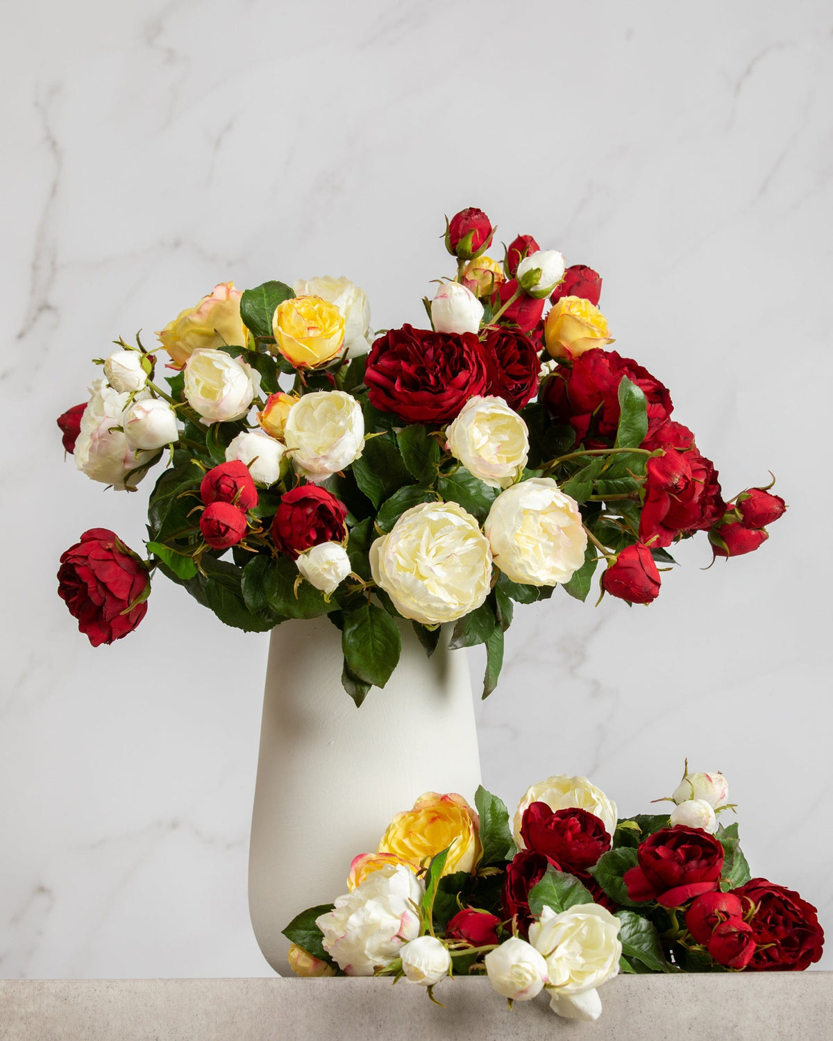 Prestige Botanicals Artificial White, Red, and Yellow English Roses in a white vase