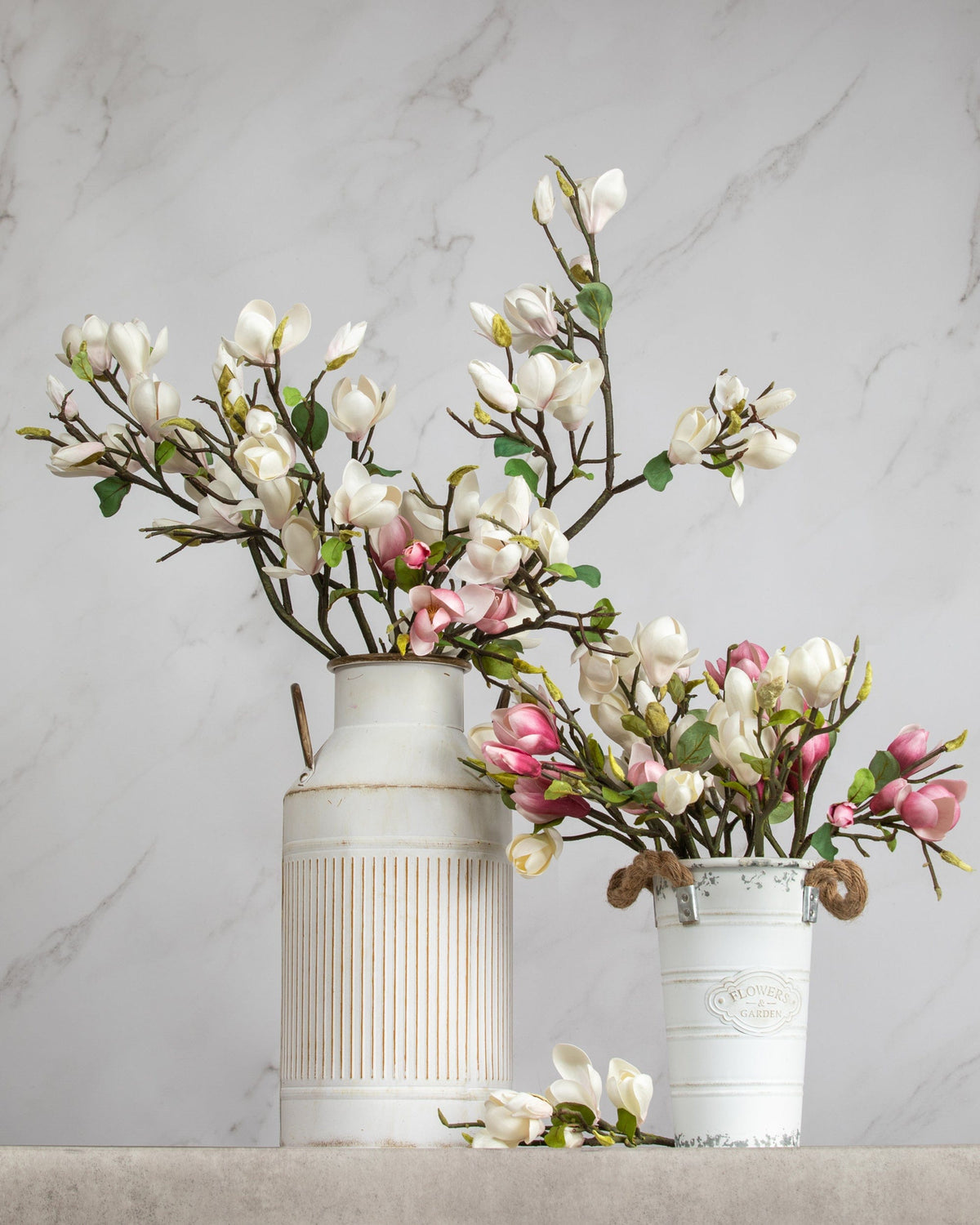 Prestige Botanicals Artificial Magnolia Branch arrangement in two white tin vases