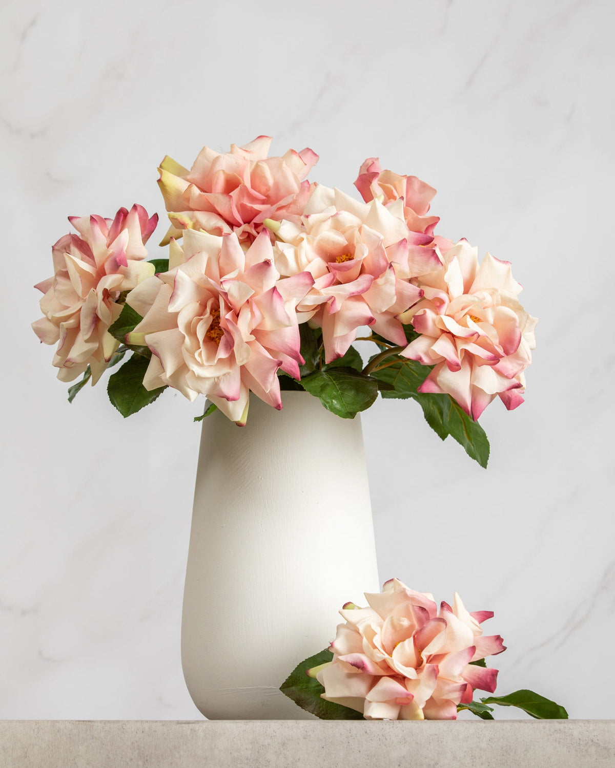 Prestige Botanicals Artificial Pink Duchess Roses in a white vase