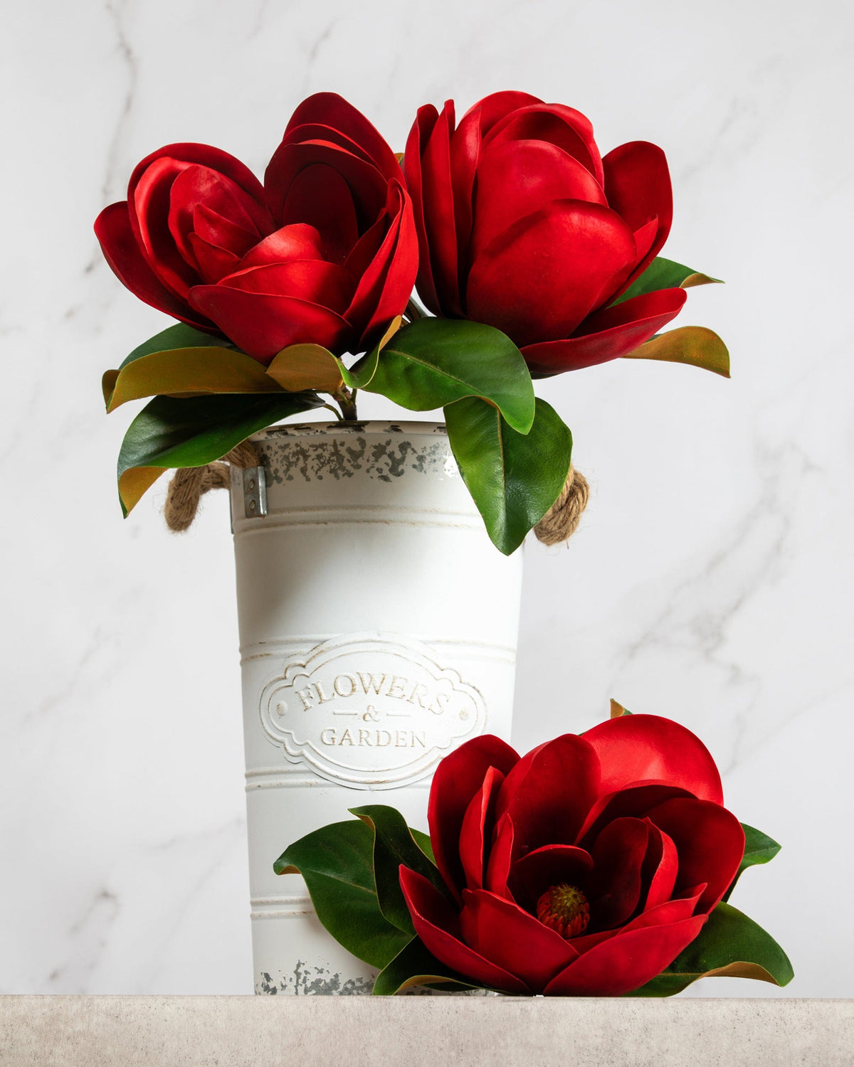 Prestige Botanicals Artificial Large Red Magnolias in a white tin vase