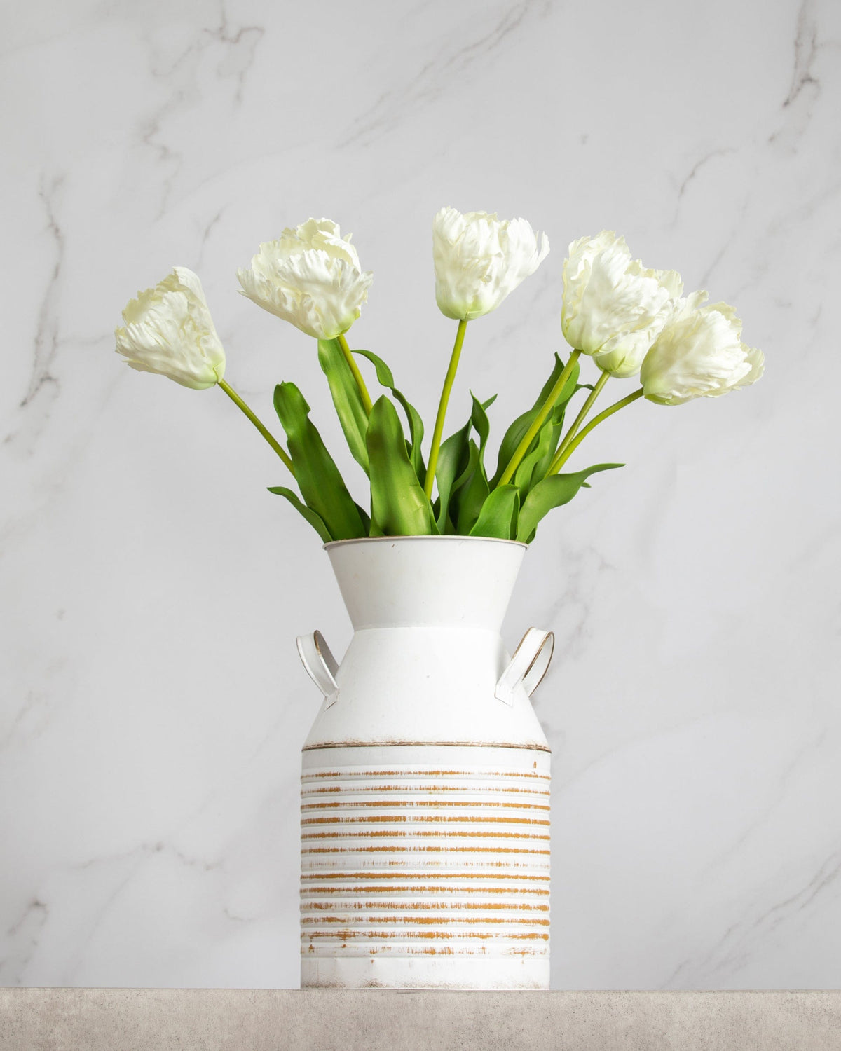 Prestige Botanicals Artificial White Parrot Tulips in a white tin vase
