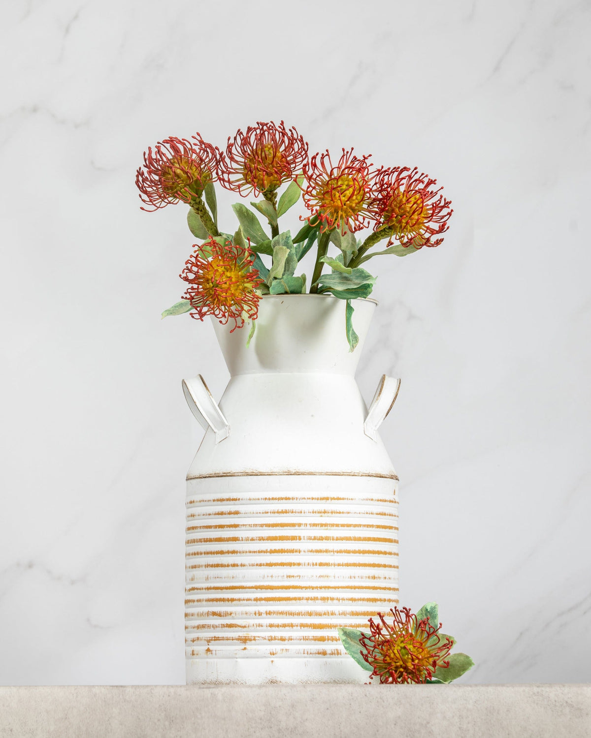 Prestige Botanicals Artificial Pincushion protea stems in a tin vase