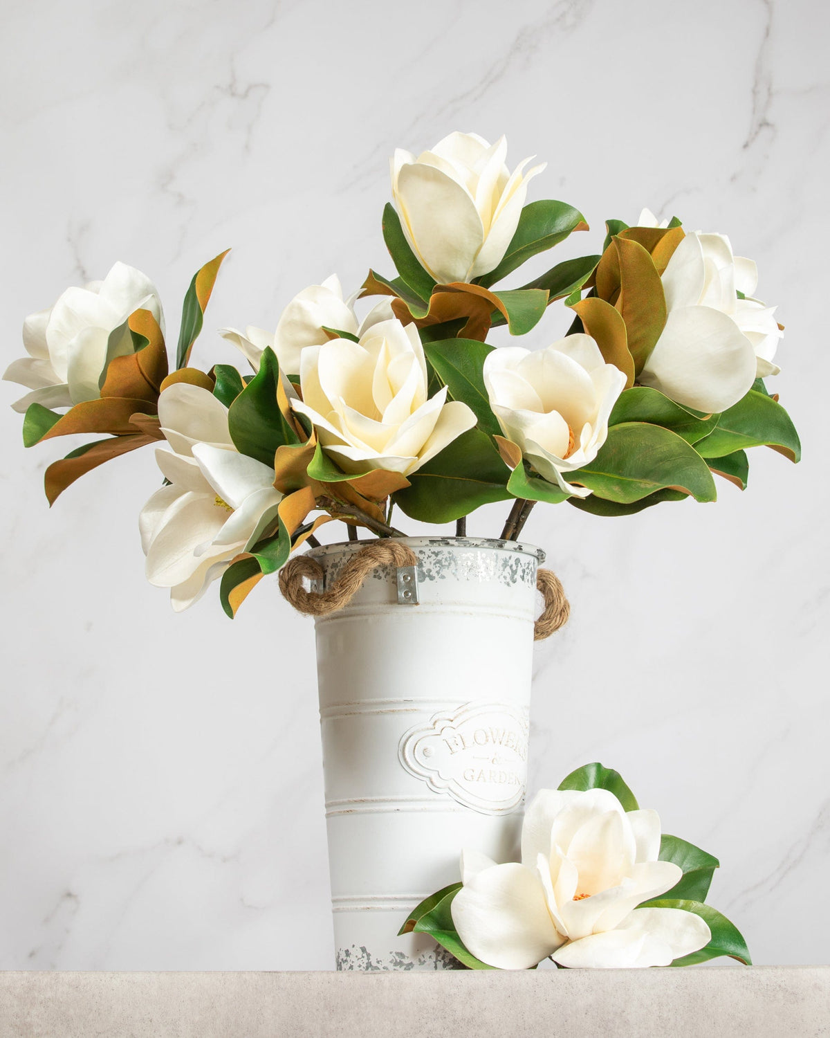 Prestige Botanicals Artificial White Magnolias in a white tin vase