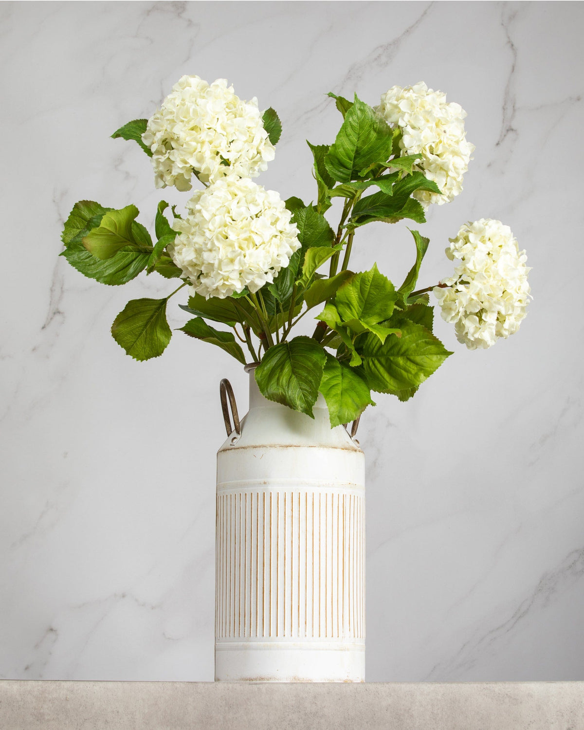 Prestige Botanicals Artificial Large White Double Hydrangeas in a white tin vase