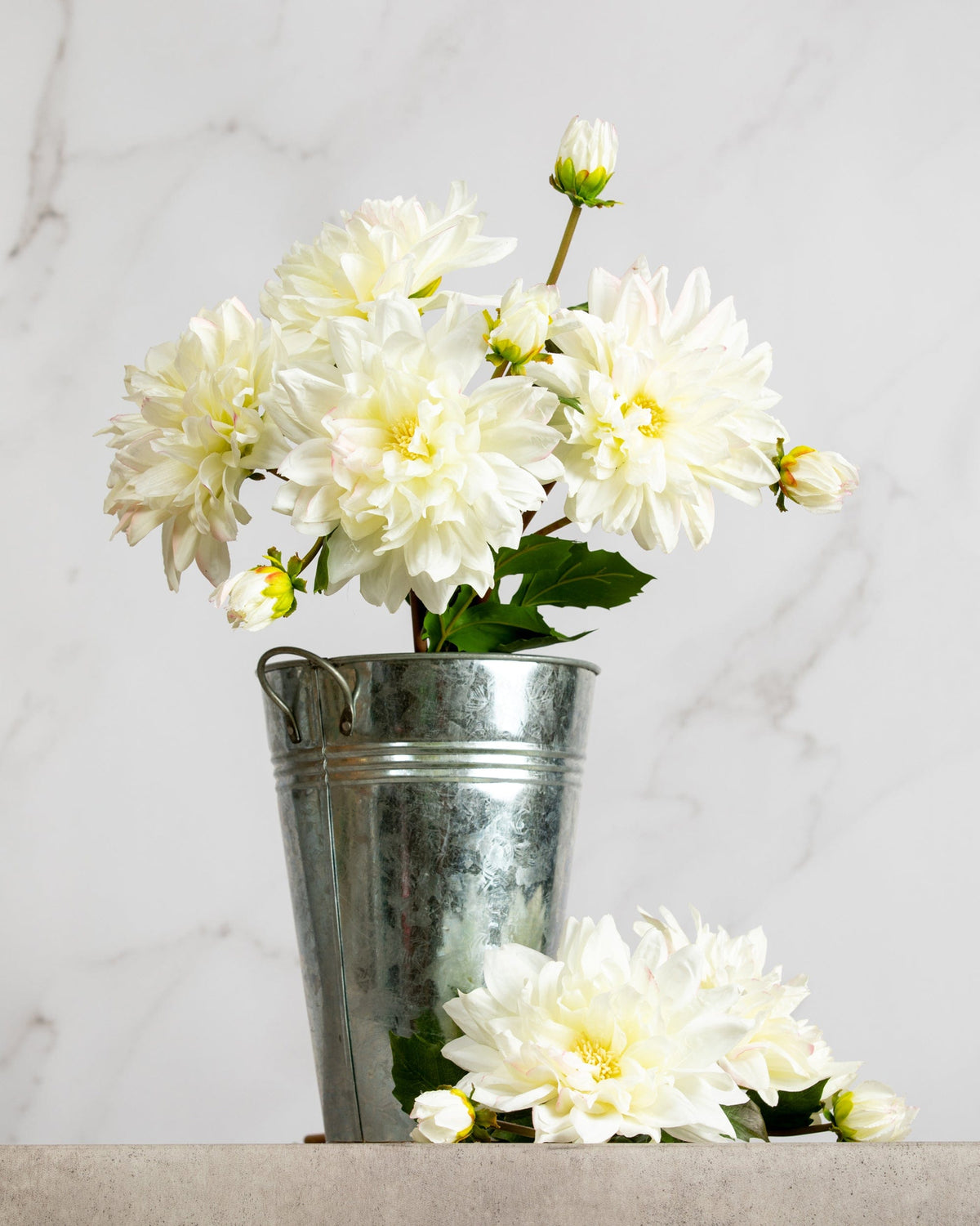 Prestige Botanicals Artificial White Dahlias in a tin vase