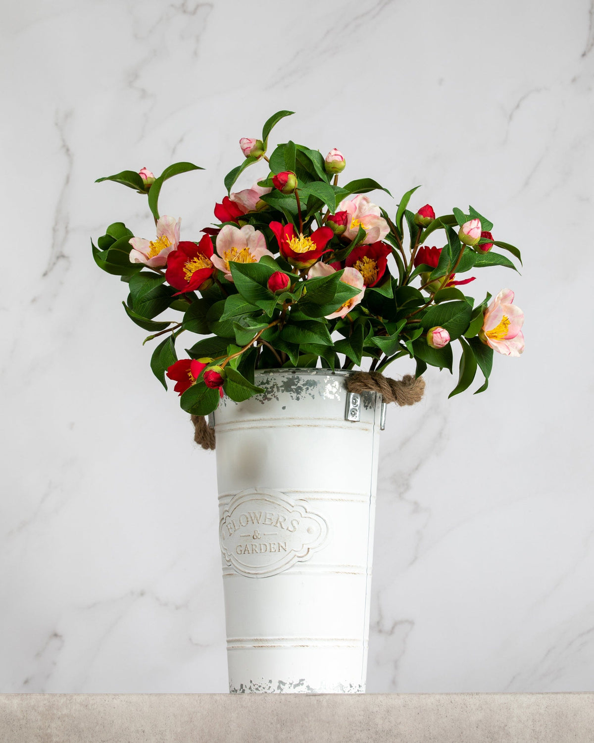 Prestige Botanicals Artificial Sasanqua Camellia Stems in a white tin vase
